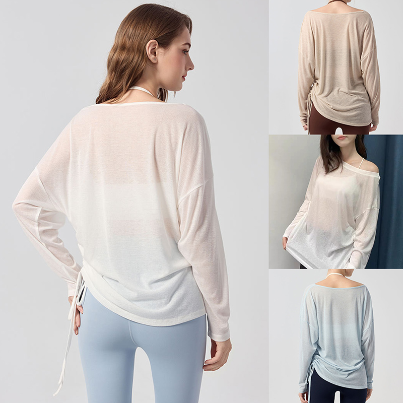 一字肩瑜伽遮臀褶皱抽绳长袖罩衫