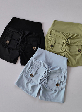 带口袋裸感高腰蜜桃臀健身短裤女紧身运动跑步训练舞蹈提臀三分裤