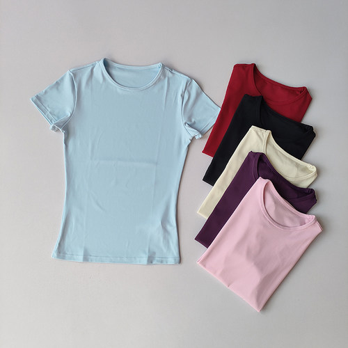 裸感纯色瑜伽服短袖女显瘦速干吸湿排汗弹力紧身T恤健身服上衣