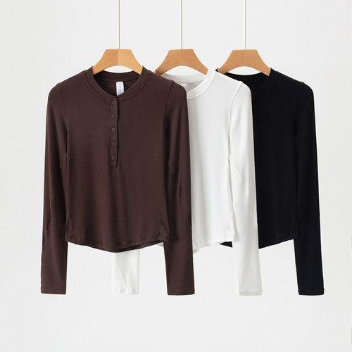 lulu同款亨利衫莫代尔紧身运动长袖女显瘦瑜伽服跑步健身打底上衣