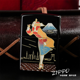 日本正版zippo之宝煤油打火机漆金工艺风中女郎黑冰本金莳绘珍藏