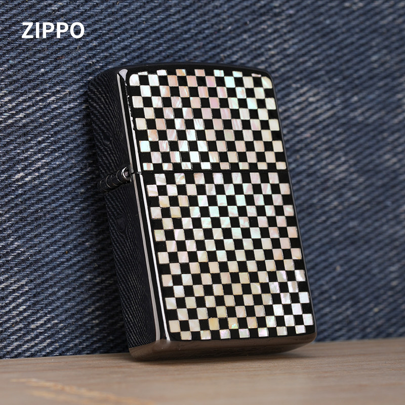 日本ZIPPO正版防风煤油打火机火石万有引力方格彩贝镶嵌礼品限量