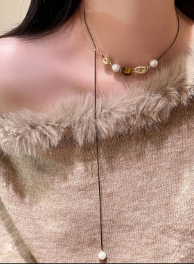 珍珠几何拼接项链女可调节毛衣链