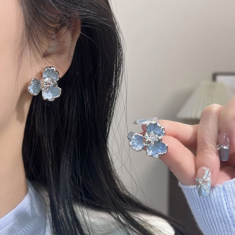 法式蓝色鸢尾花耳钉女小清新耳环