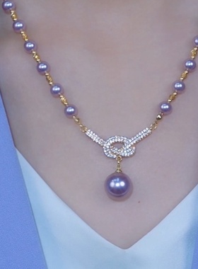 紫色珍珠吊坠微镶同心结项链女