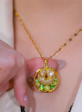 新款绿色锆石猫眼石平安扣项链女