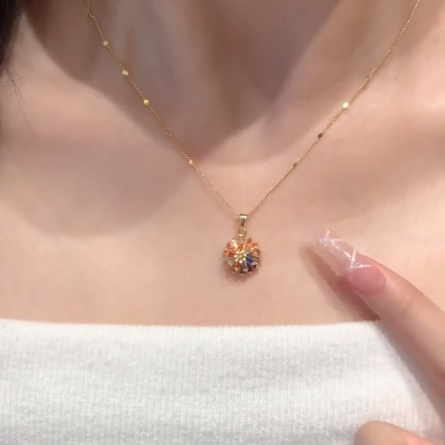 新款彩色锆石可旋转烟花项链女
