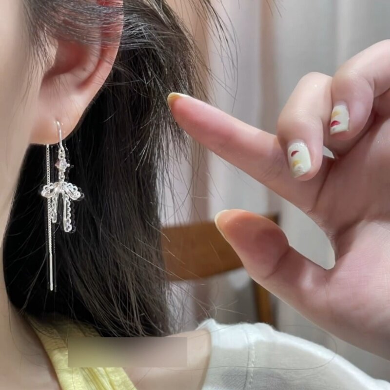 夏季超仙蕾丝花边蝴蝶结耳线女