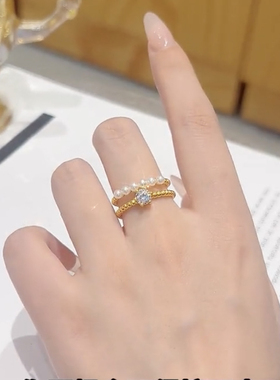 开口可调节珠珠锆石双圈戒指女