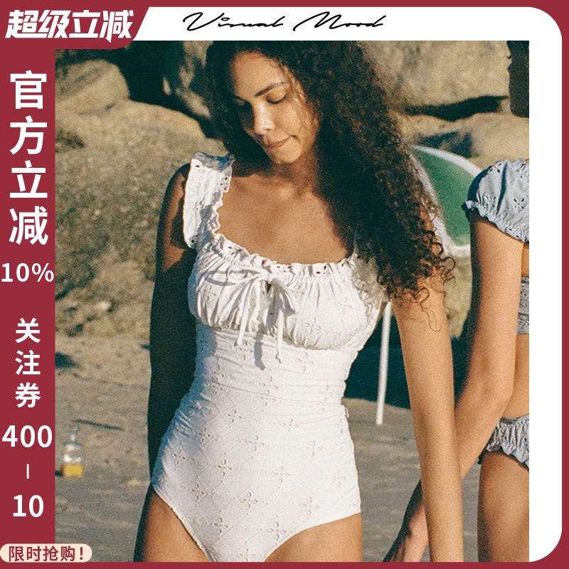visual mood复古法式刺绣遮肚显瘦白系带新款海边度假连体泳衣女