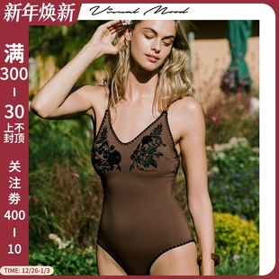 visual mood连体泳衣复古棕黑盘花刺绣高级显瘦泡温泉度假游泳装