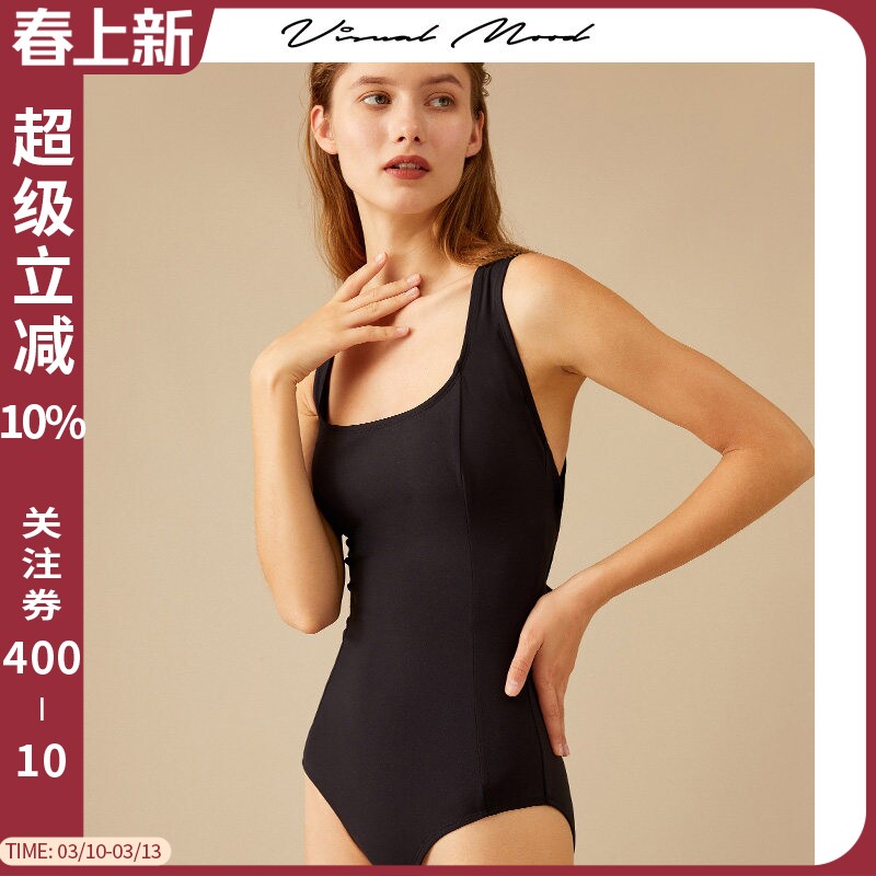 visual mood连体泳衣女性感露背系带复古遮肚显瘦海边温泉游泳装