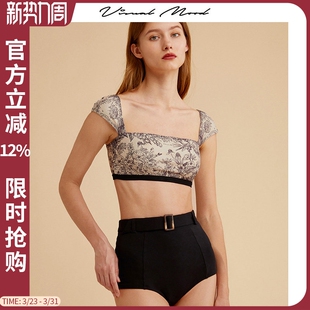 visualmood小众泡温泉泳衣女复古法式 印花显瘦分体度假比基尼套装