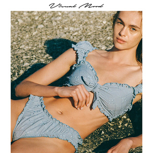 镂空刺绣显瘦复古蓝度假比基尼套装 visual mood分体泳衣女法式