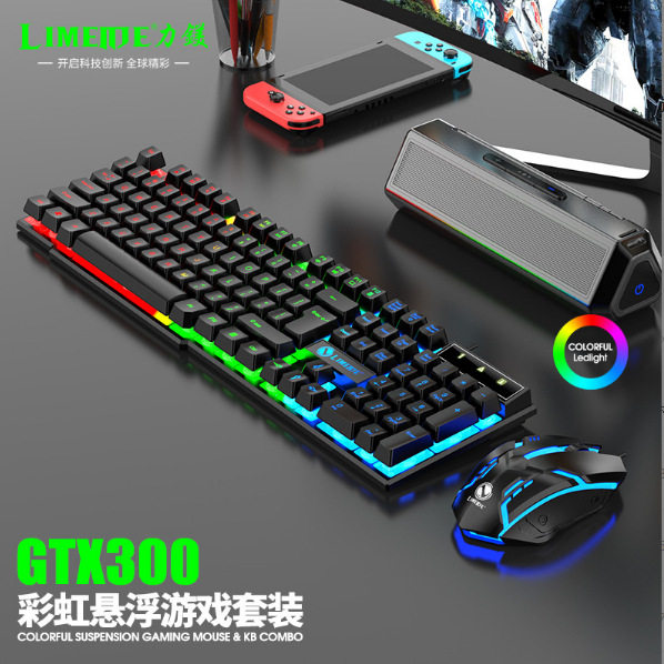 力镁GTX300键鼠套装新款USB键盘USB鼠标网吧发光游戏套件七彩背光