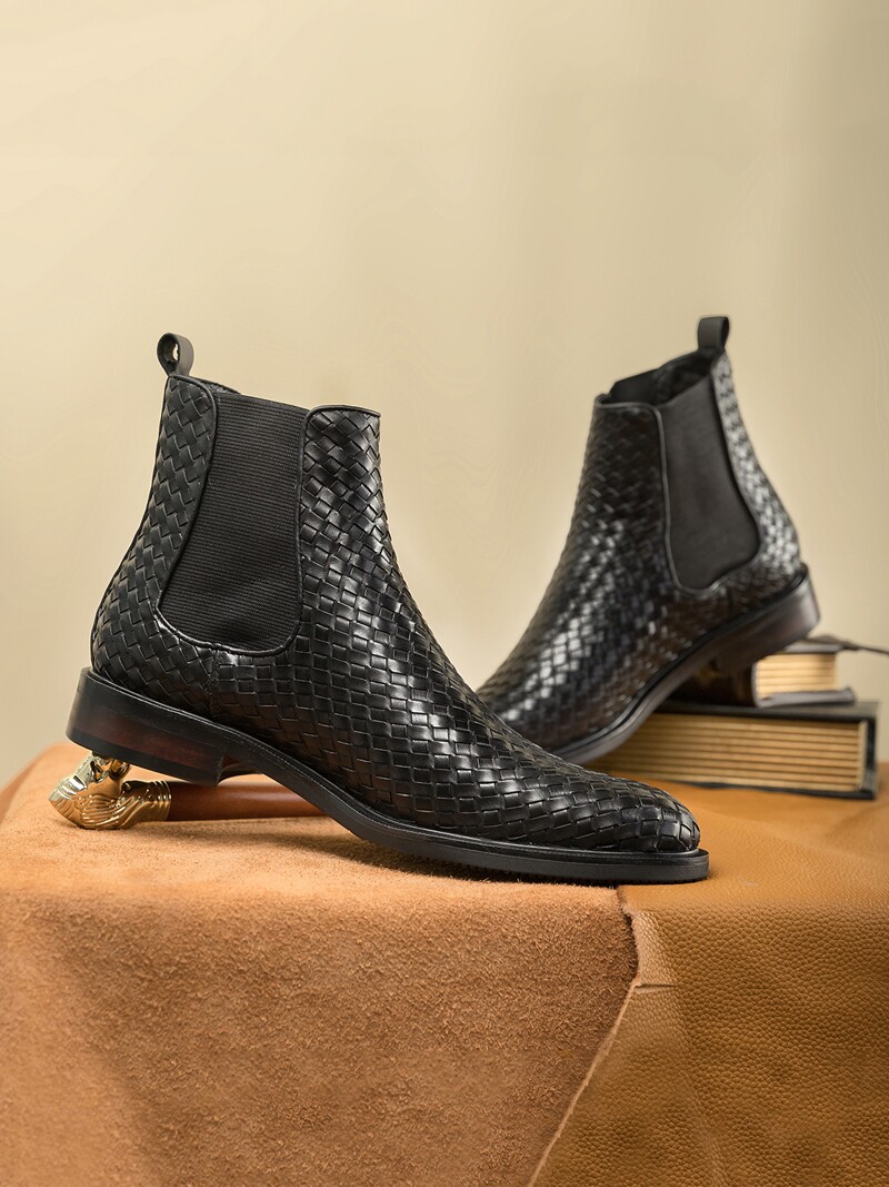 TRENDY CHELSEA BOOTS MENS GENUINE LEATHER POINTY SCALP BOOTS HIGH TOP LEATHER SHOES HANDMADE ENGLISH BOOTIES WOVEN COWHIDE MARTIN BOOTS