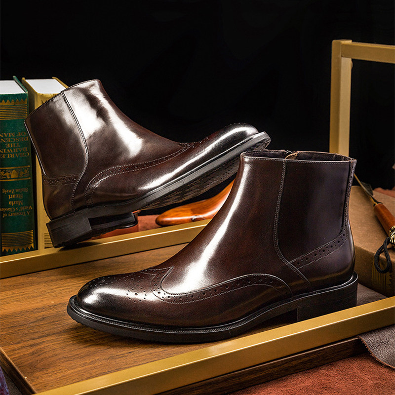 BROGUE CHELSEA BOOTS BRITISH LEATHER HIGH-TOP BUSINESS SHOES MENS SIDE ZIPPER BIKER BOOTS CARVED BOOTIES