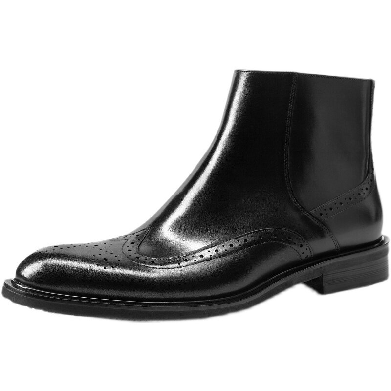 BROGUE CHELSEA BOOTS BRITISH LEATHER HIGH-TOP BUSINESS SHOES MENS SIDE ZIPPER BIKER BOOTS CARVED BOOTIES