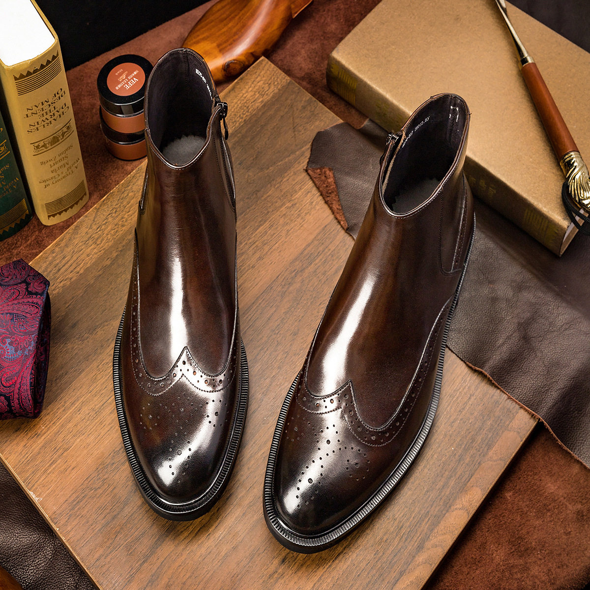 BROGUE CHELSEA BOOTS BRITISH LEATHER HIGH-TOP BUSINESS SHOES MENS SIDE ZIPPER BIKER BOOTS CARVED BOOTIES