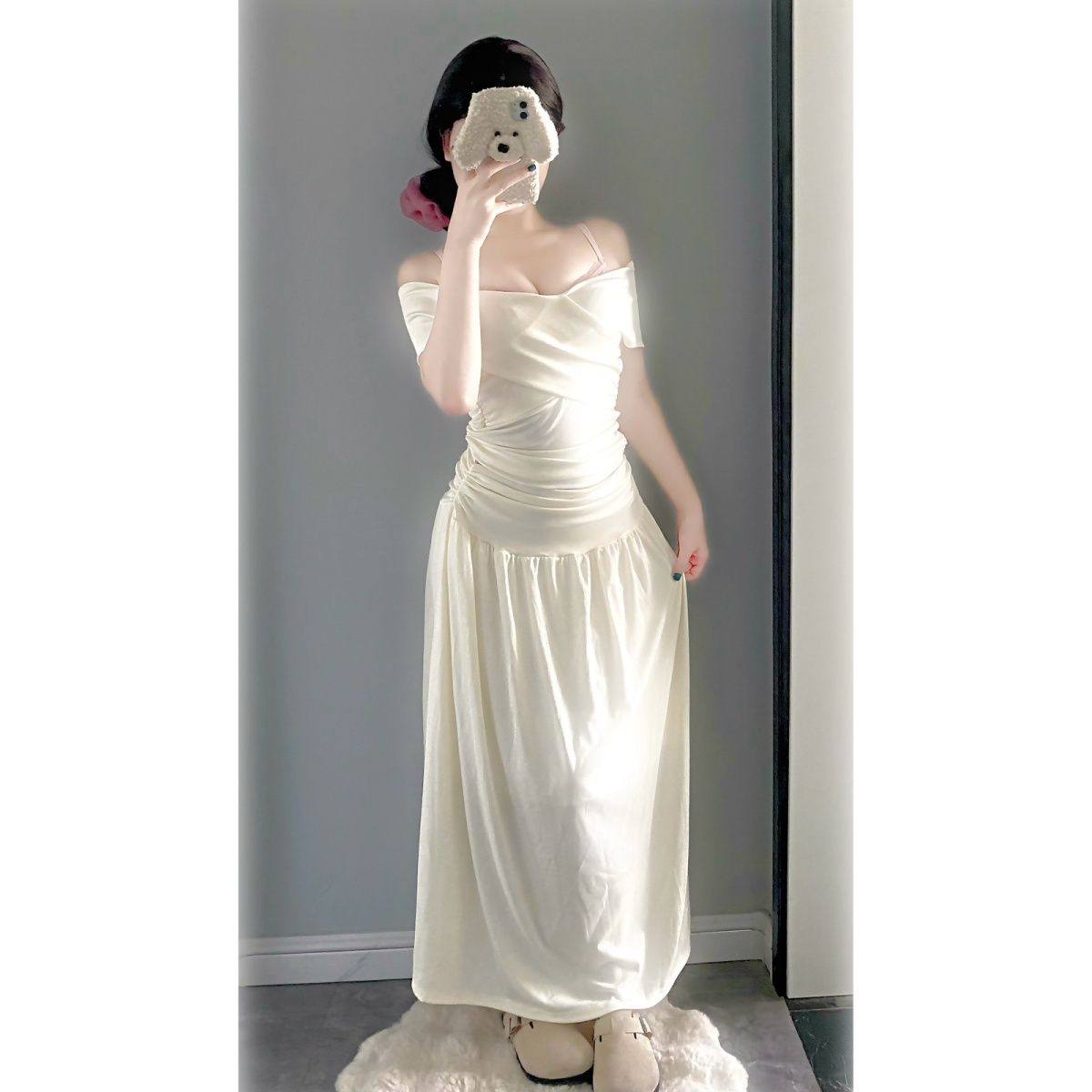 法式一字肩针织连衣裙子女夏季2025新款小众设计感修身露肩套装裙