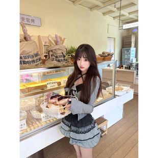 甜辣chic性感辣妹套装 外套吊带条纹蛋糕裙三件套裙 裙灰色针织开衫