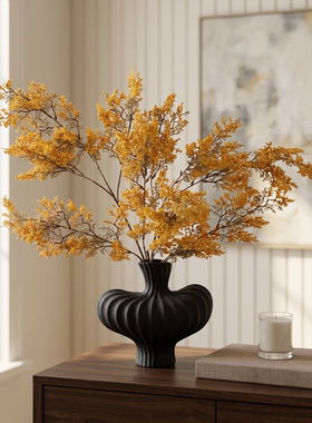 中古风黑色陶瓷花瓶客厅玄关桌面插花花器黄色仿真花艺软装装饰