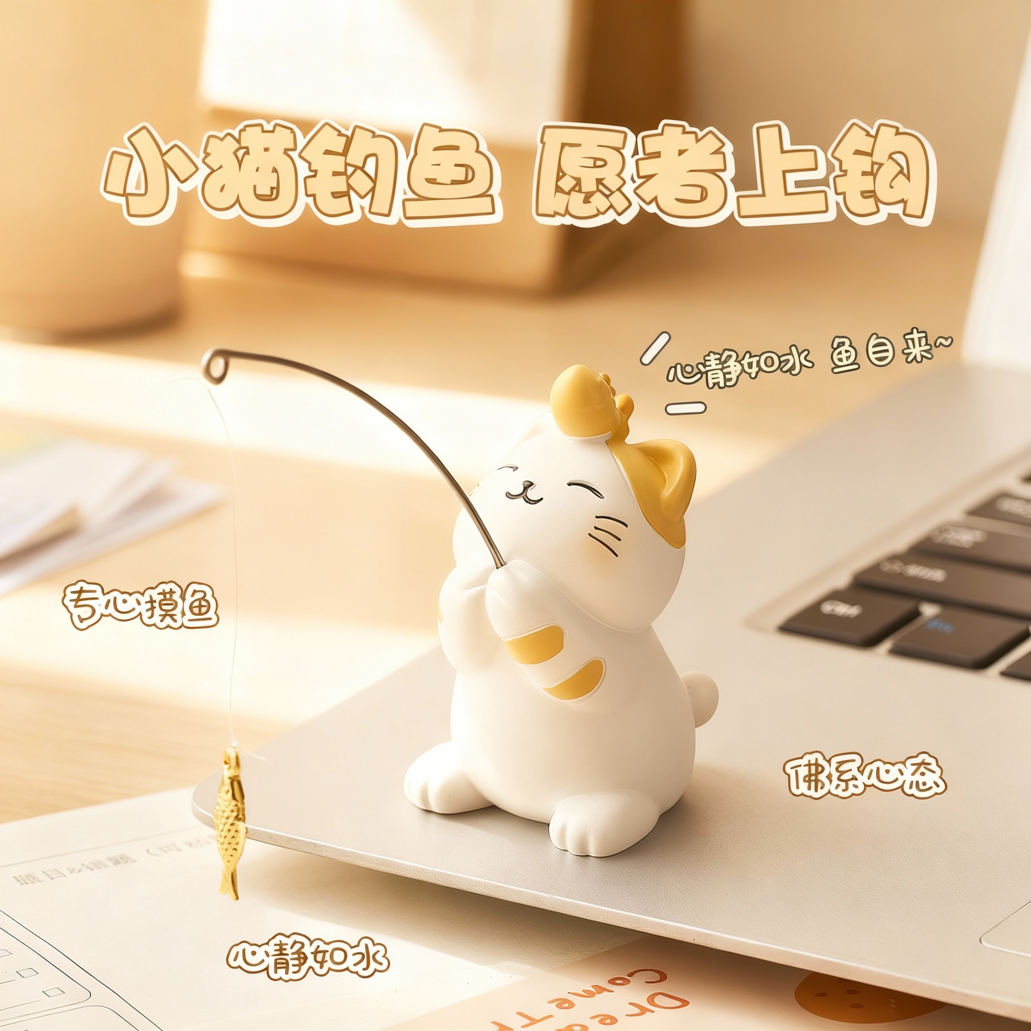 可爱小猫钓鱼树脂桌面摆件