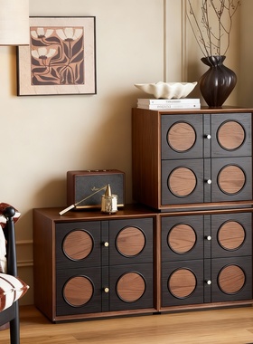 复古几何木质客厅收纳柜套组