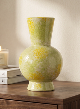 黄绿色窑变陶瓷花瓶花器客厅玄关餐边柜中古风家居软装装饰品