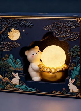 国潮小熊兔子夜灯树脂摆件礼盒