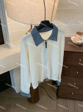 SANMI/叁米   正肩拼接牛仔领拉链针织衫  S1150