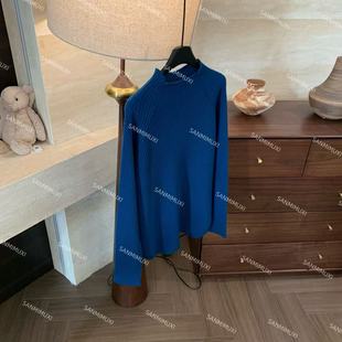 SANMI/叁米  中领坑条插肩袖弯刀针织毛衣  62621