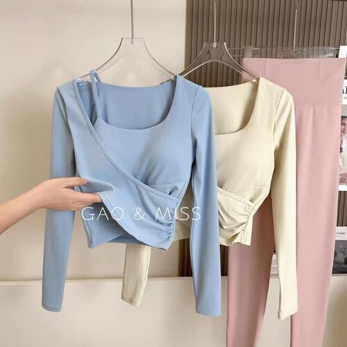 带胸垫瑜伽服长袖女高颜值跑步运动上衣普拉提训练健身服T恤秋冬