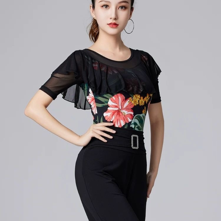 2025新款拉丁舞上衣成人女夏秋中长袖网纱交谊摩登舞蹈国标表演服