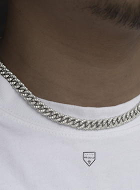 WBJ定制珠宝 8mm古巴链 满镶嵌古巴项链 S925银镀金 cuba chain