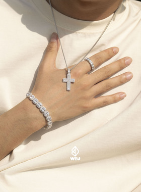 WBJ定制珠宝公主方拼镶十字吊坠S925银镀金项链银饰