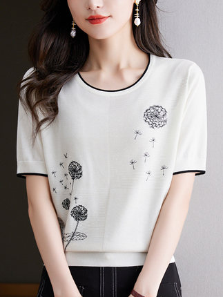 天丝短袖t恤女2026新款夏季妈妈洋气半袖白T恤薄款宽松上衣针织衫