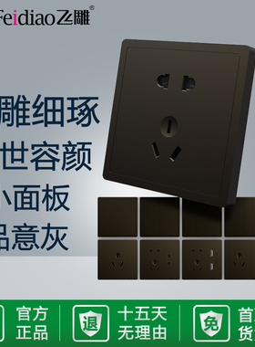 飞雕开关插座面板家用86型五孔小板非大板品意灰色带开关PY荧光灰