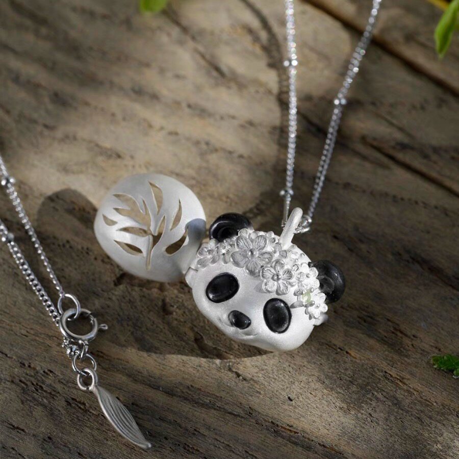 设计师原创花环熊猫可开合长款项链手工烧白工艺冷珐琅S925银礼物