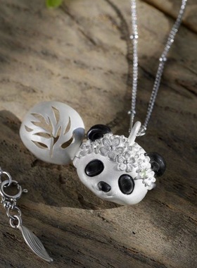 设计师原创花环熊猫可开合长款项链手工烧白工艺冷珐琅S925银礼物