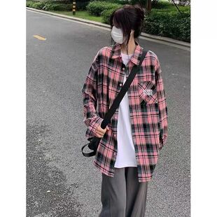 日系古着vintage格子衬衫女早秋新款多巴胺穿搭oversize衬衣外套