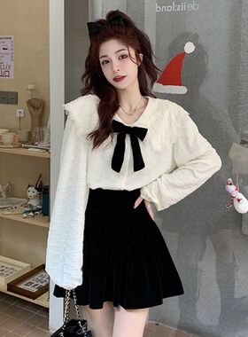 娃娃领衬衫女装秋冬2024新款法式复古蝴蝶结外穿洋气白色长袖衬衣