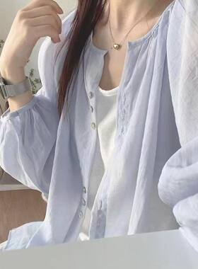 韩系超仙ins浅蓝色雪纺衬衫女叠穿宽松百搭显瘦防晒衬衣外穿开衫
