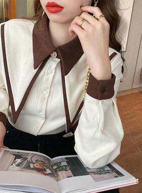 春秋复古衬衫女百搭红色2023春装新款韩版宽松显瘦大尖领打底上衣