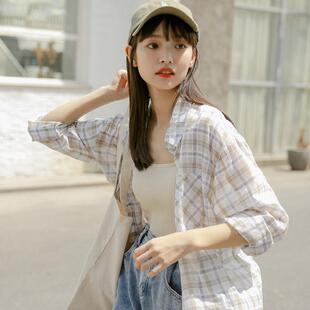韩版复古格子早春衬衫女外套防晒衣新款小清新学生百搭大码衬衣