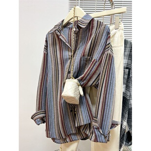 宽松日系衬衣复古百搭条纹长袖 300斤大码 女装 胖mm春秋季 外套 衬衫