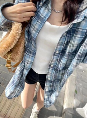 港味百搭蓝色格子休闲衬衫女宽松慵懒风垂坠感中长款内搭衬衣外穿