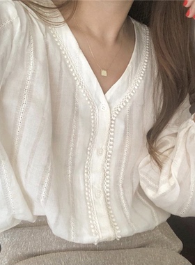 V领泡泡袖蕾丝衫女 韩版白色长袖衬衣2025早秋衬衫