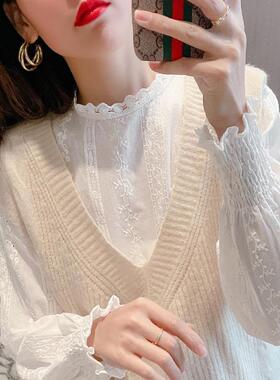 法式蕾丝衫上衣女春季新款木耳花边袖内搭小衫立领百搭白色打底衫