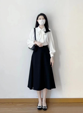 雪纺蝴蝶结白色衬衫女秋装公务员教师职业正装通勤事业编面试衬衣